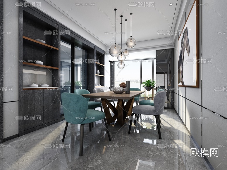 现代轻奢客厅餐厅3d模型下载(渲染图3)