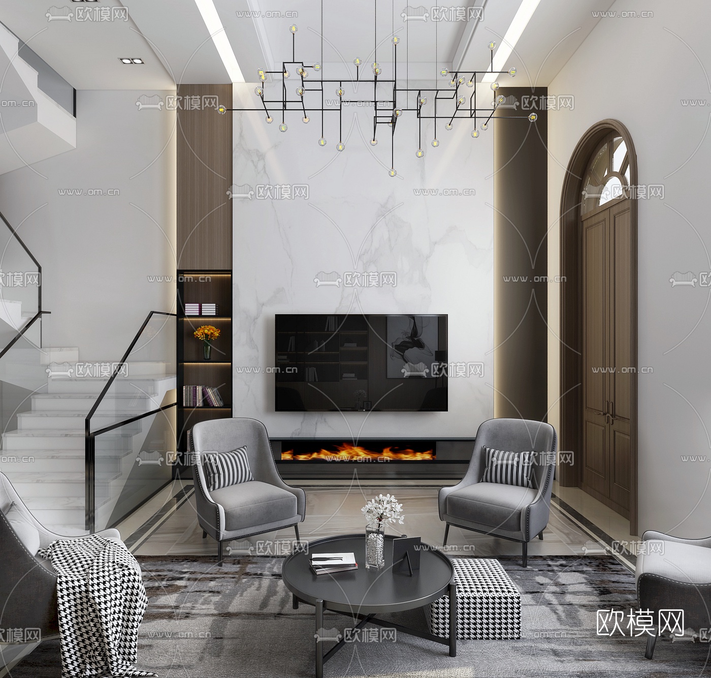 现代复式公寓客厅餐厅书房3d模型下载（渲染图3）