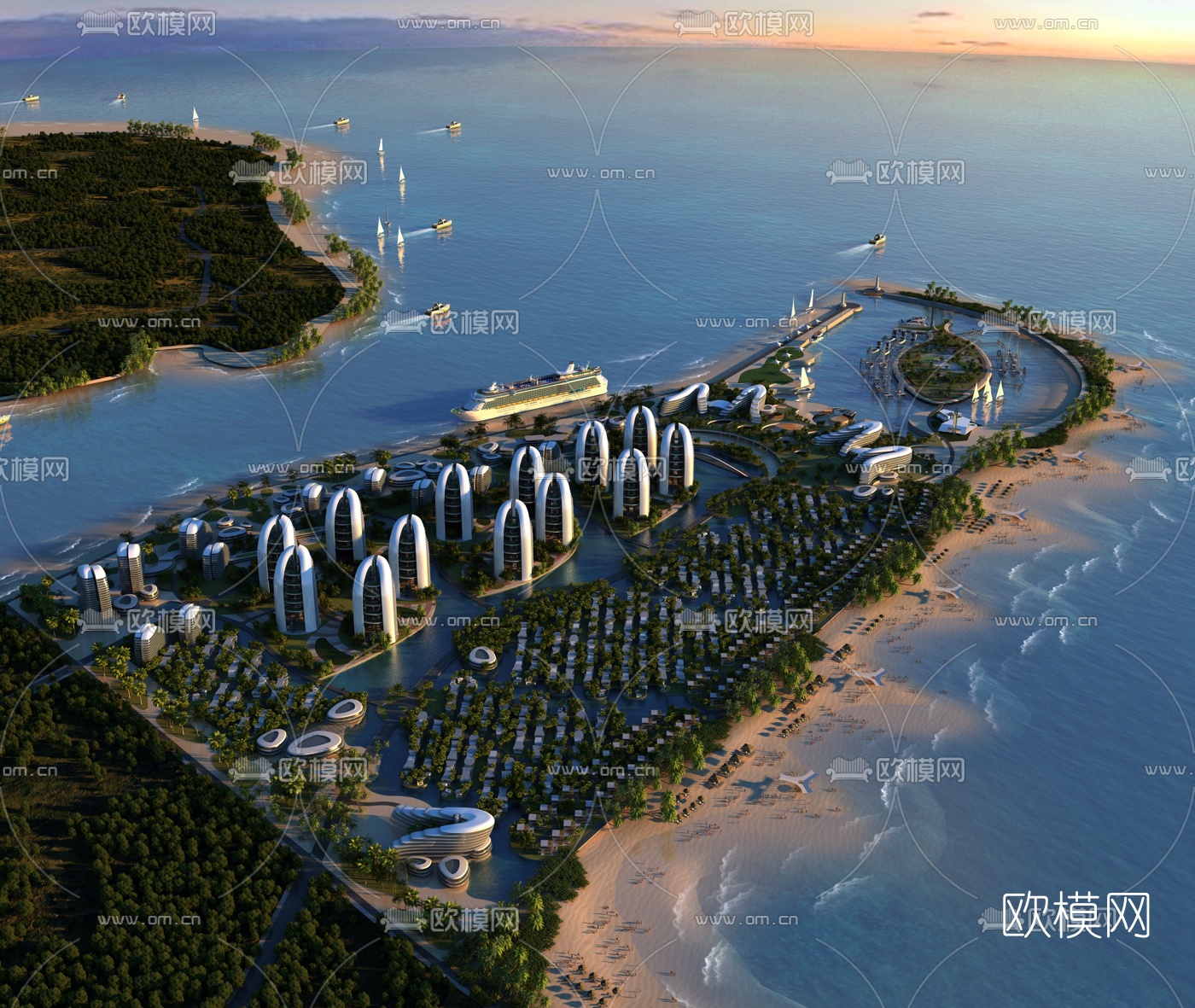 现代海景度假村鸟瞰3d模型