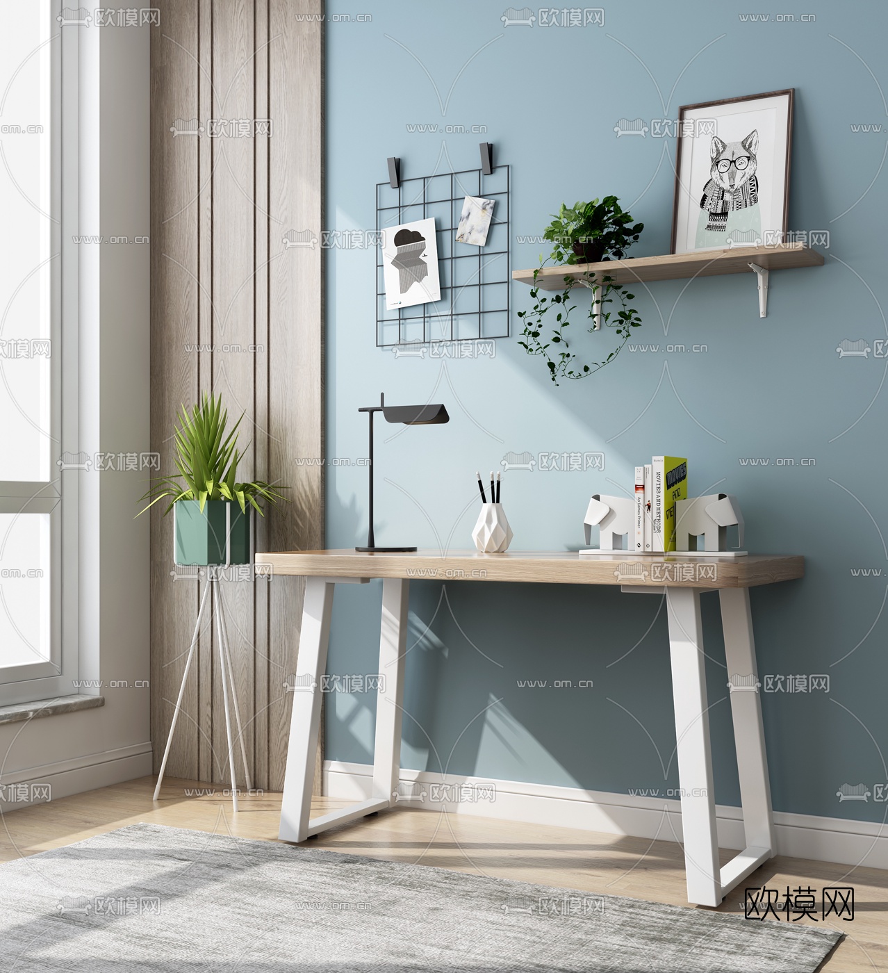 北欧原木书桌椅3d模型下载（渲染图4）