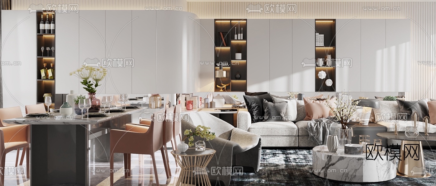 现代轻奢客厅餐厅3d模型