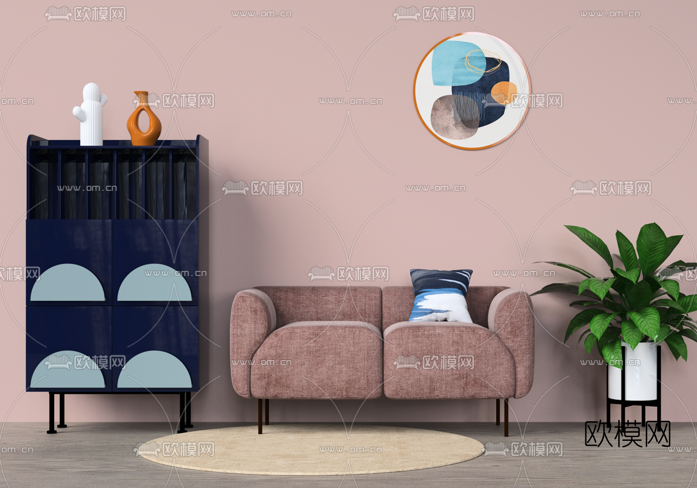 北欧布艺双人沙发su模型下载（渲染图1）