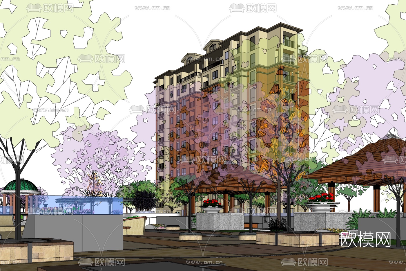 新中式公园凉亭小品免费su模型下载