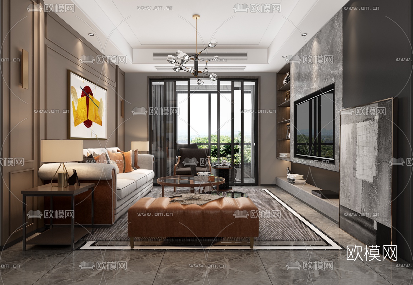 现代轻奢客厅餐厅3d模型下载（渲染图1）