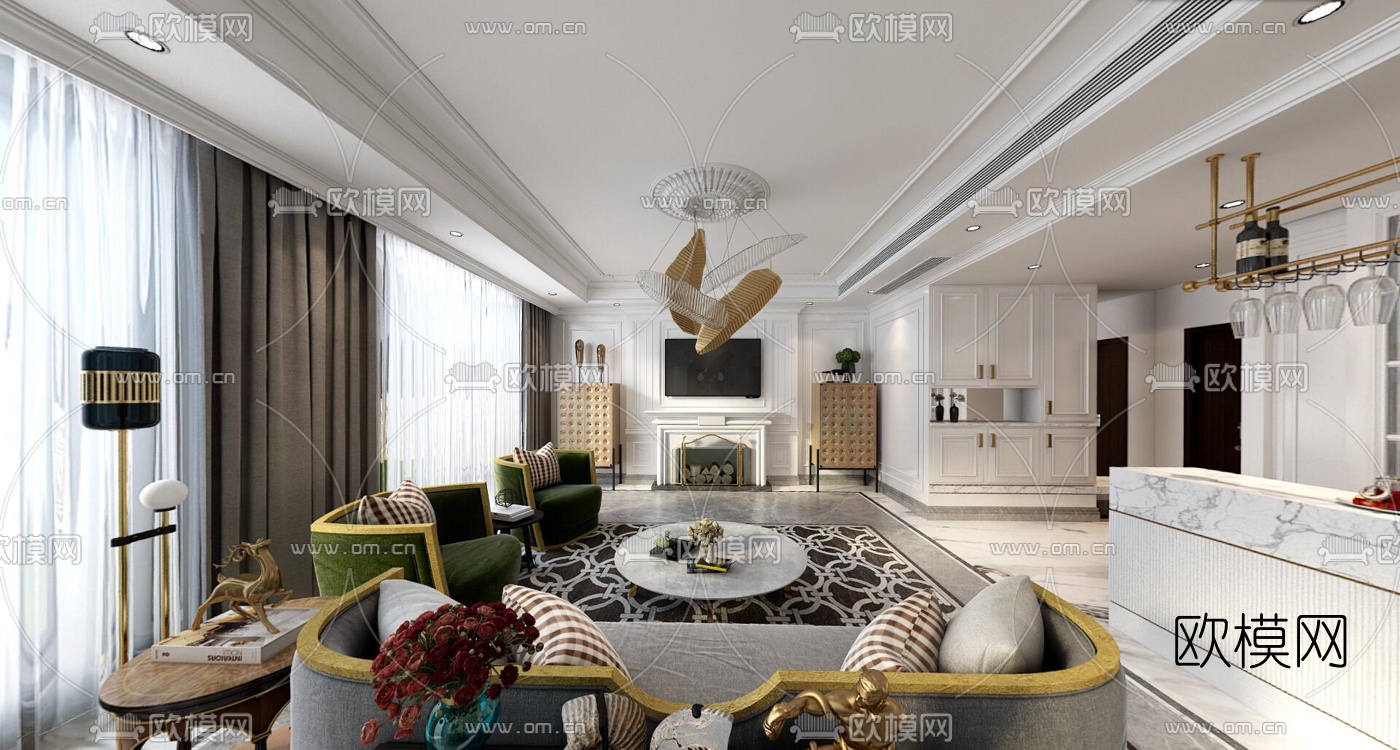 简欧轻奢客厅餐厅vr全景3d模型