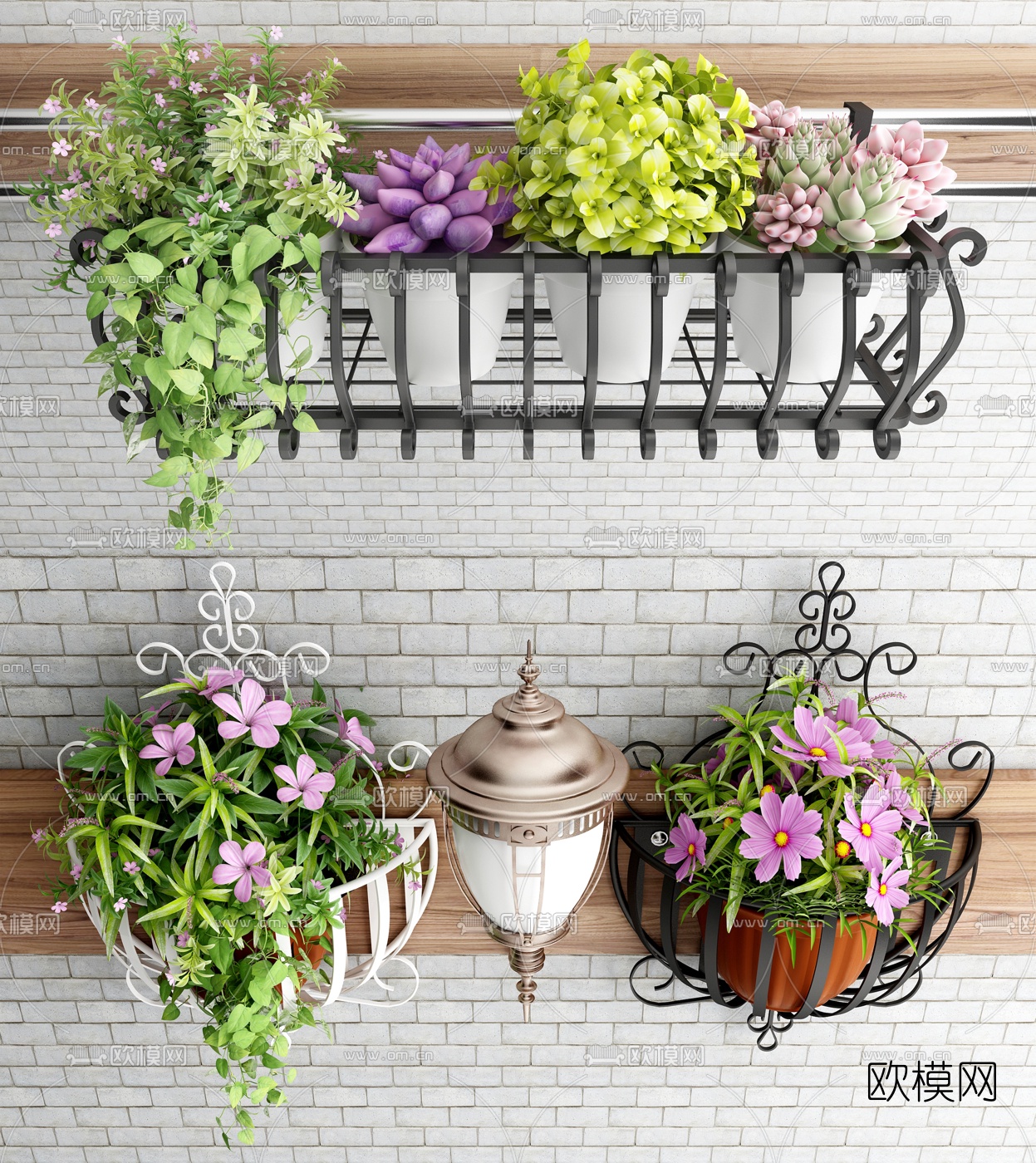 欧式铁艺阳台壁挂植物花盆3d模型