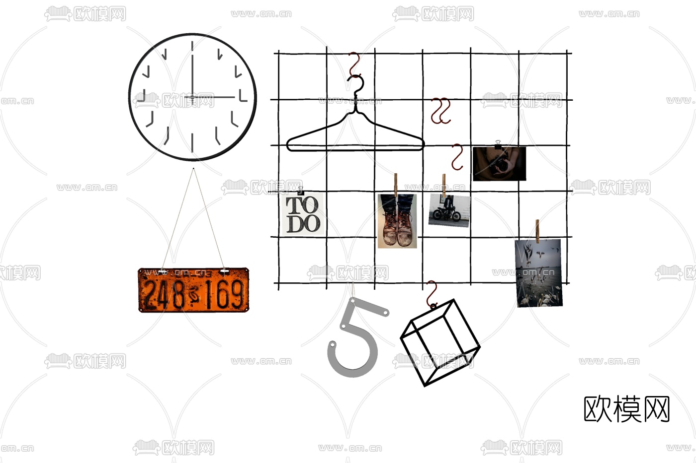 工业风挂钟数字衣架挂件免费su模型下载