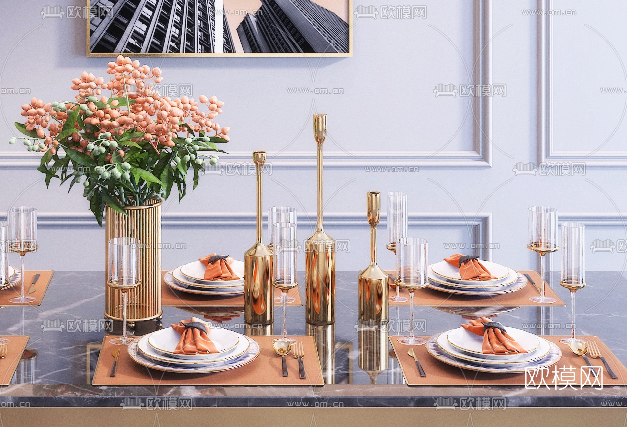 现代餐具饰品摆件组合3d模型下载（渲染图3）