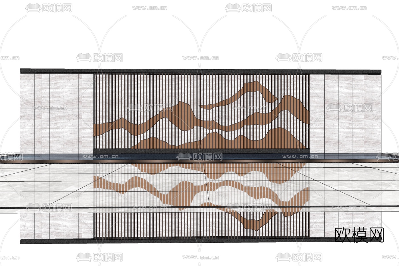新中式水池景观墙免费su模型下载