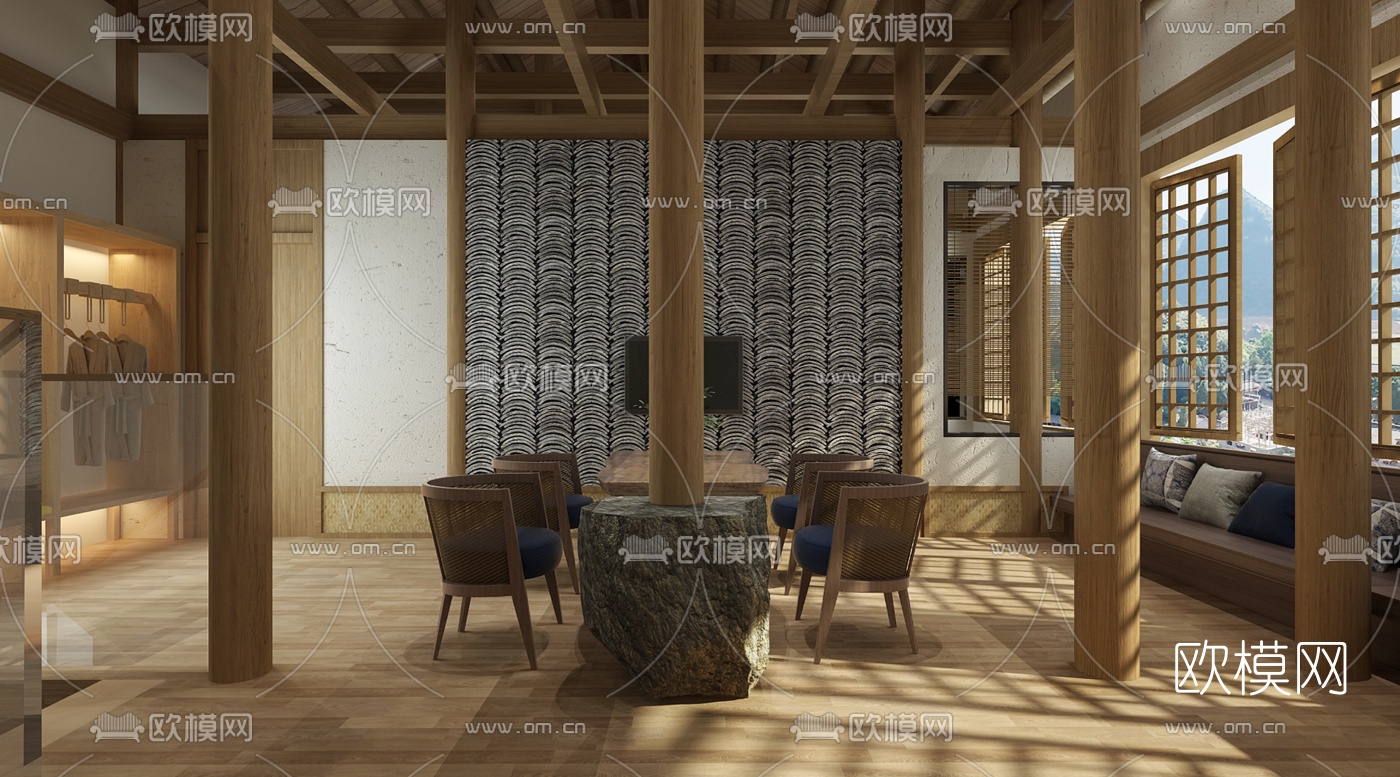 新中式民宿酒店双人房免费3d模型下载（渲染图3）