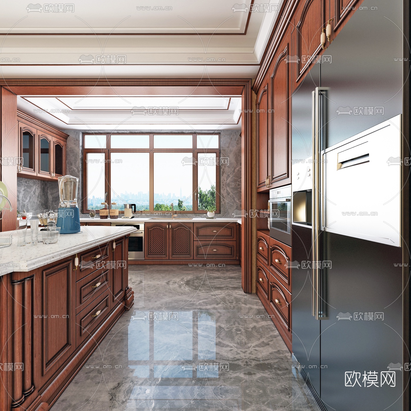 美式厨房中岛台3d模型