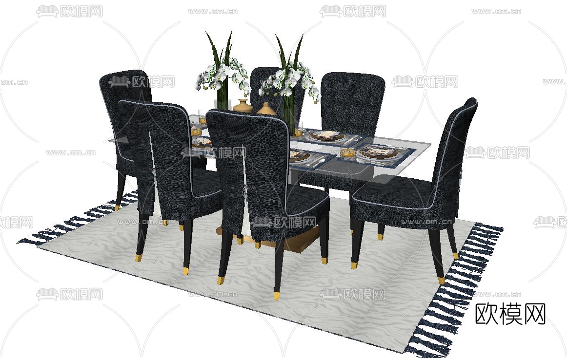 美式布艺玻璃餐桌椅su模型下载