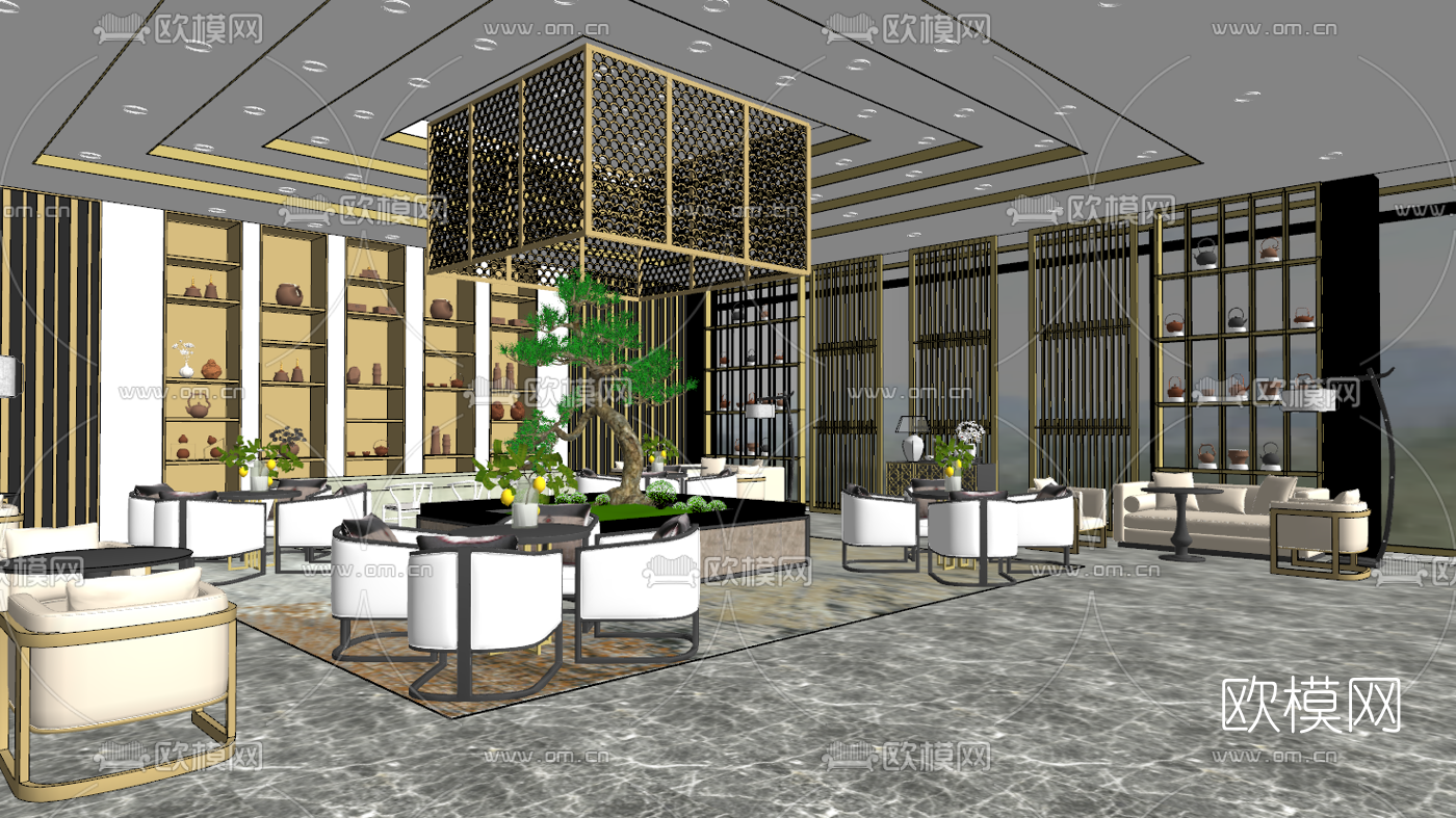 新中式洽谈区su模型下载