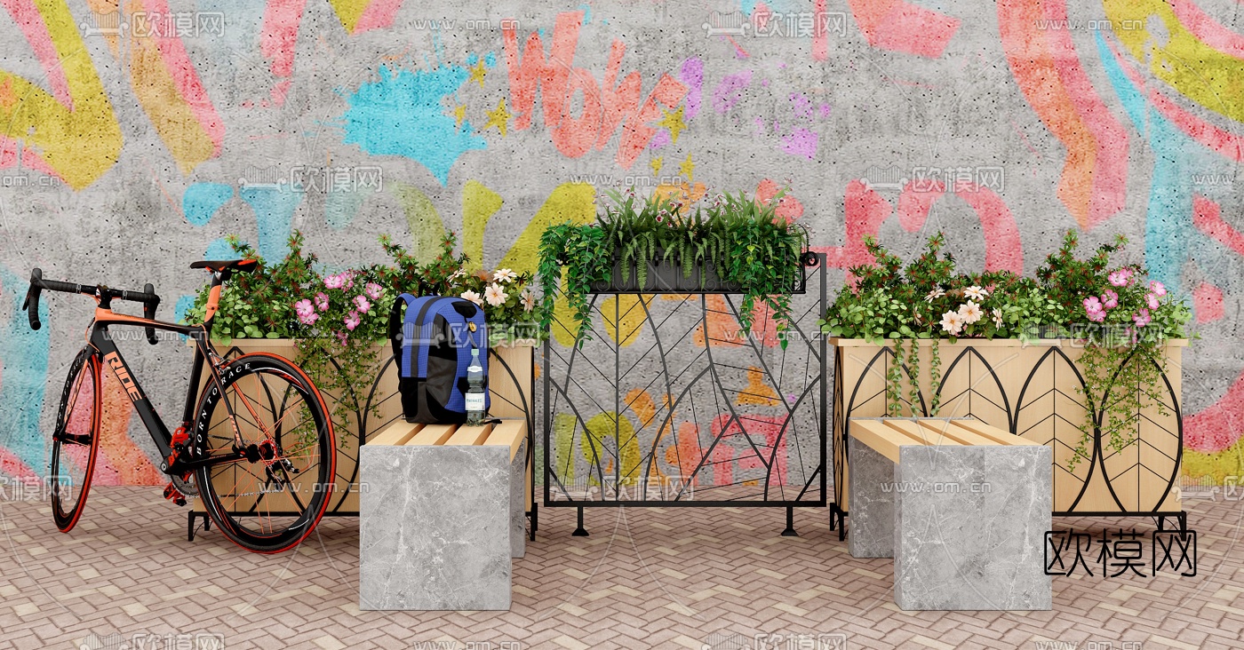 现代户外长凳组合3d模型下载（渲染图1）