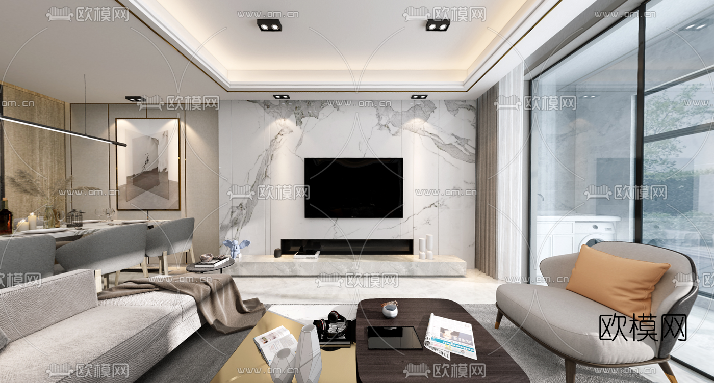 现代客厅餐厅vr全景3d模型