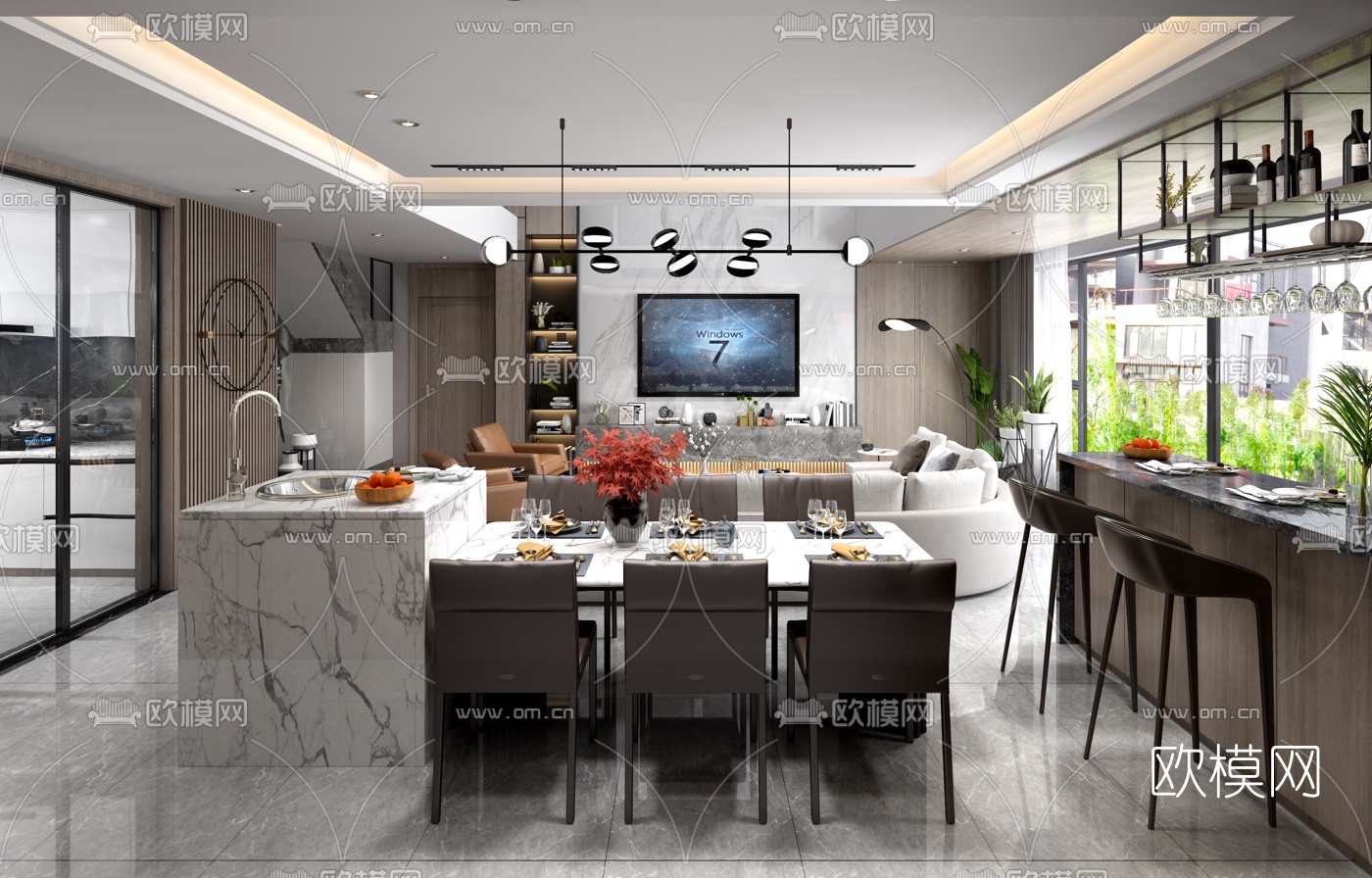 现代别墅客厅餐厅3d模型