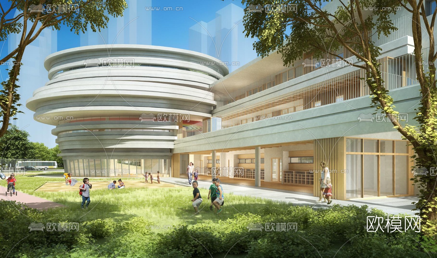 现代幼儿园外观su模型下载（渲染图1）