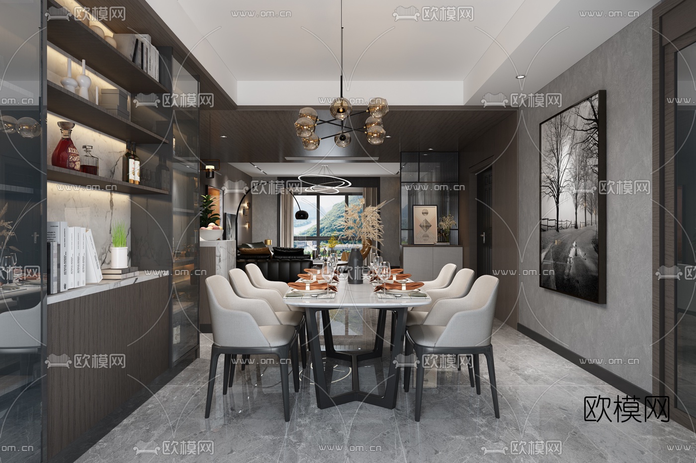 后现代混搭客厅餐厅3d模型下载（渲染图2）