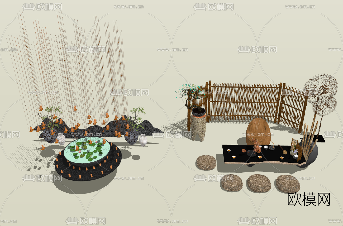 中式室外茶桌椅su模型下载（渲染图2）