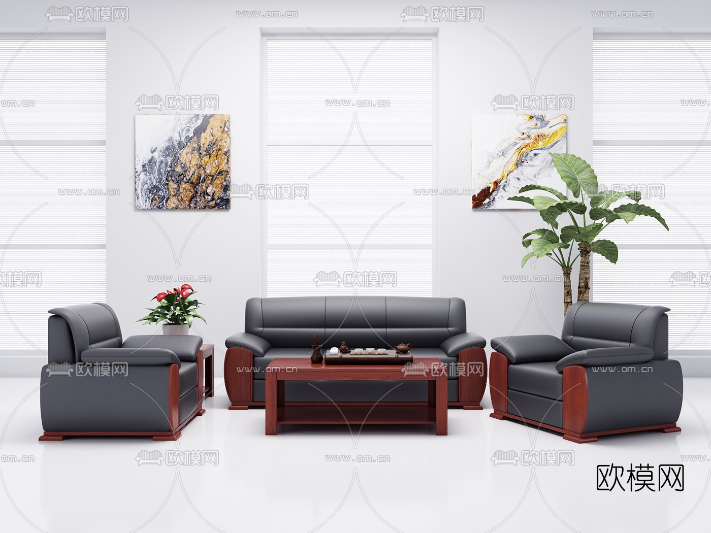 现代皮革办公沙发组合3d模型-免费3dmax模型库-欧模网