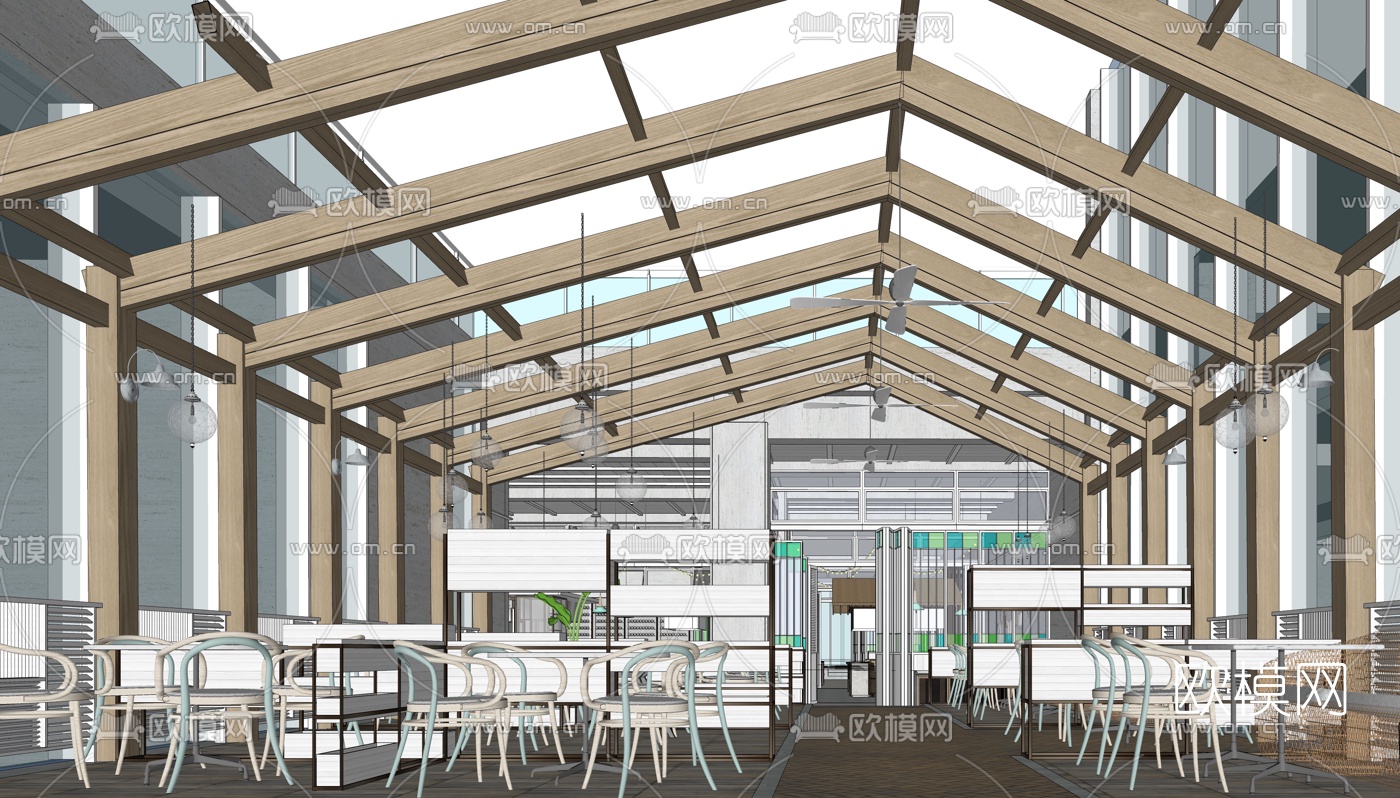 现代度假酒店全日餐厅su模型下载（渲染图1）