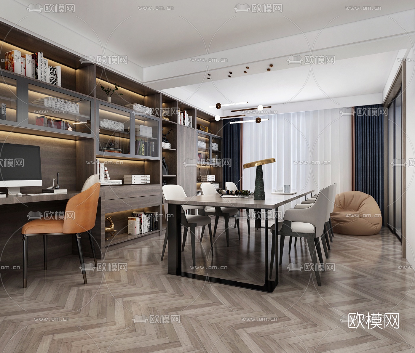 现代复式公寓客厅餐厅书房3d模型下载（渲染图4）