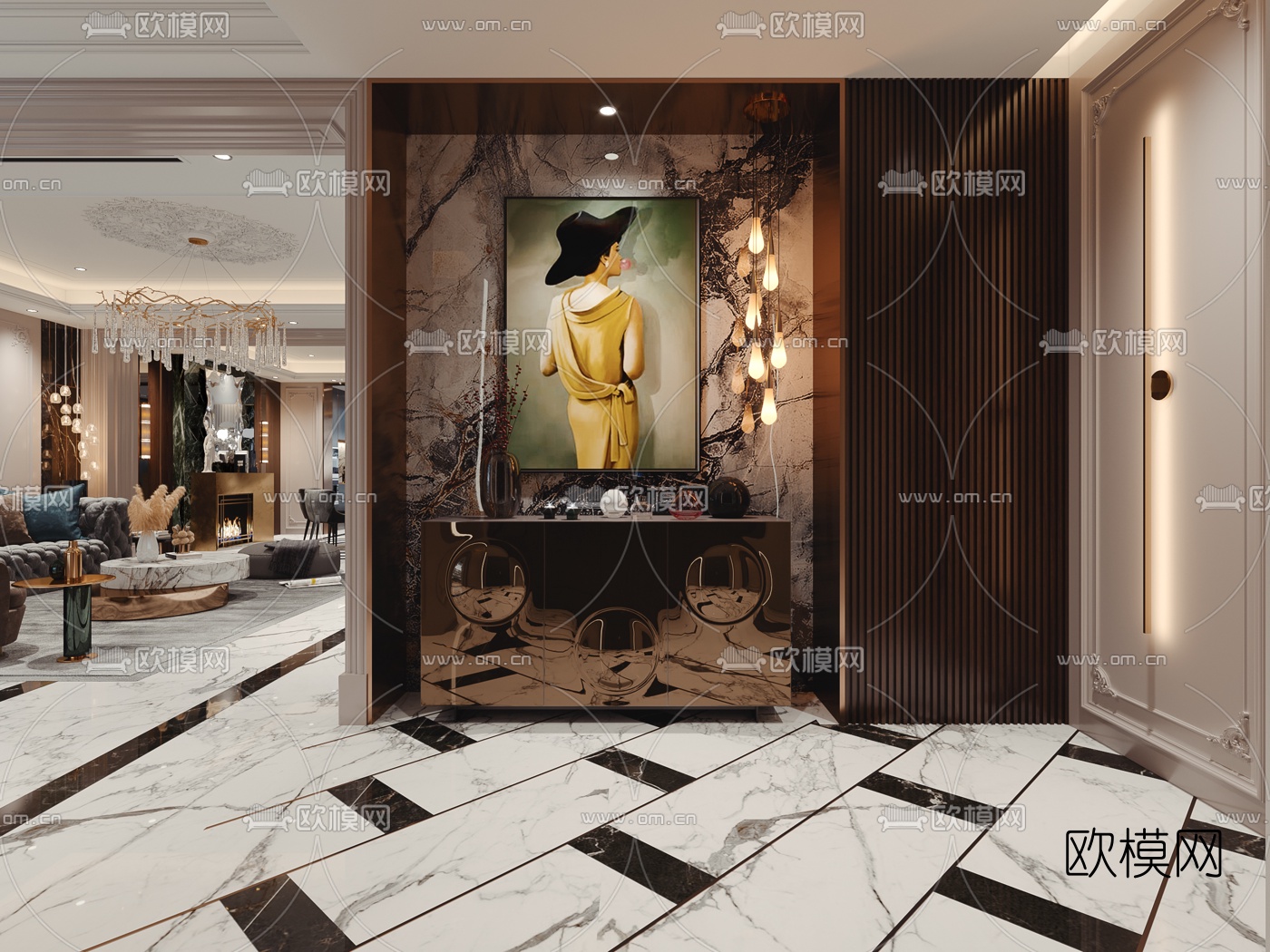 欧式轻奢客厅餐厅3d模型