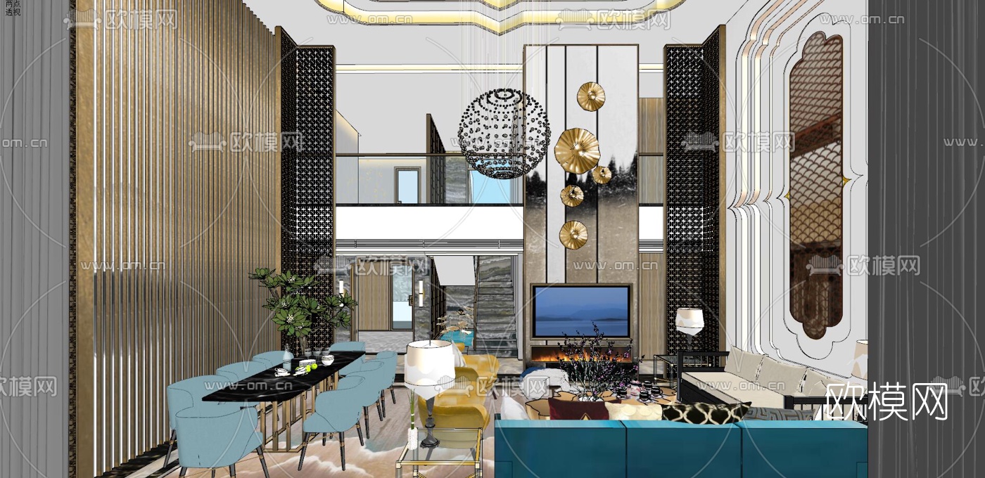 后现代轻奢别墅客厅餐厅su模型下载（渲染图1）