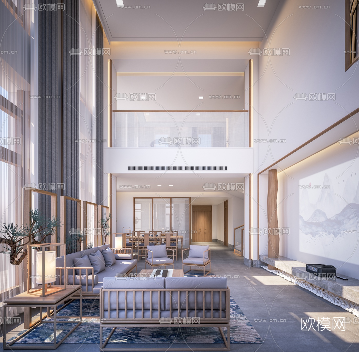新中式轻奢别墅大堂餐厅3d模型