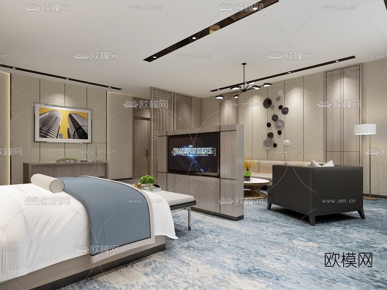 新中式酒店客房免费3d模型下载(渲染图2)