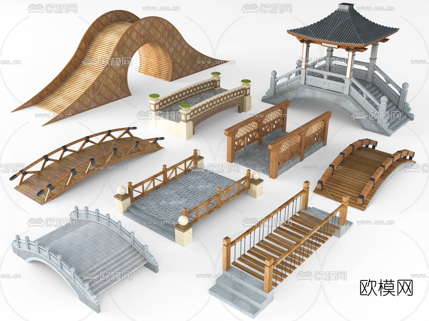 新中式实木景观桥3d模型
