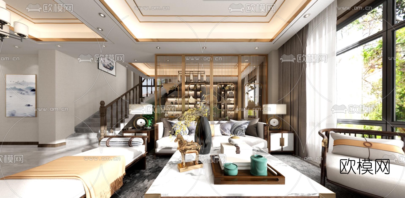 新中式轻奢客厅餐厅vr全景3d模型