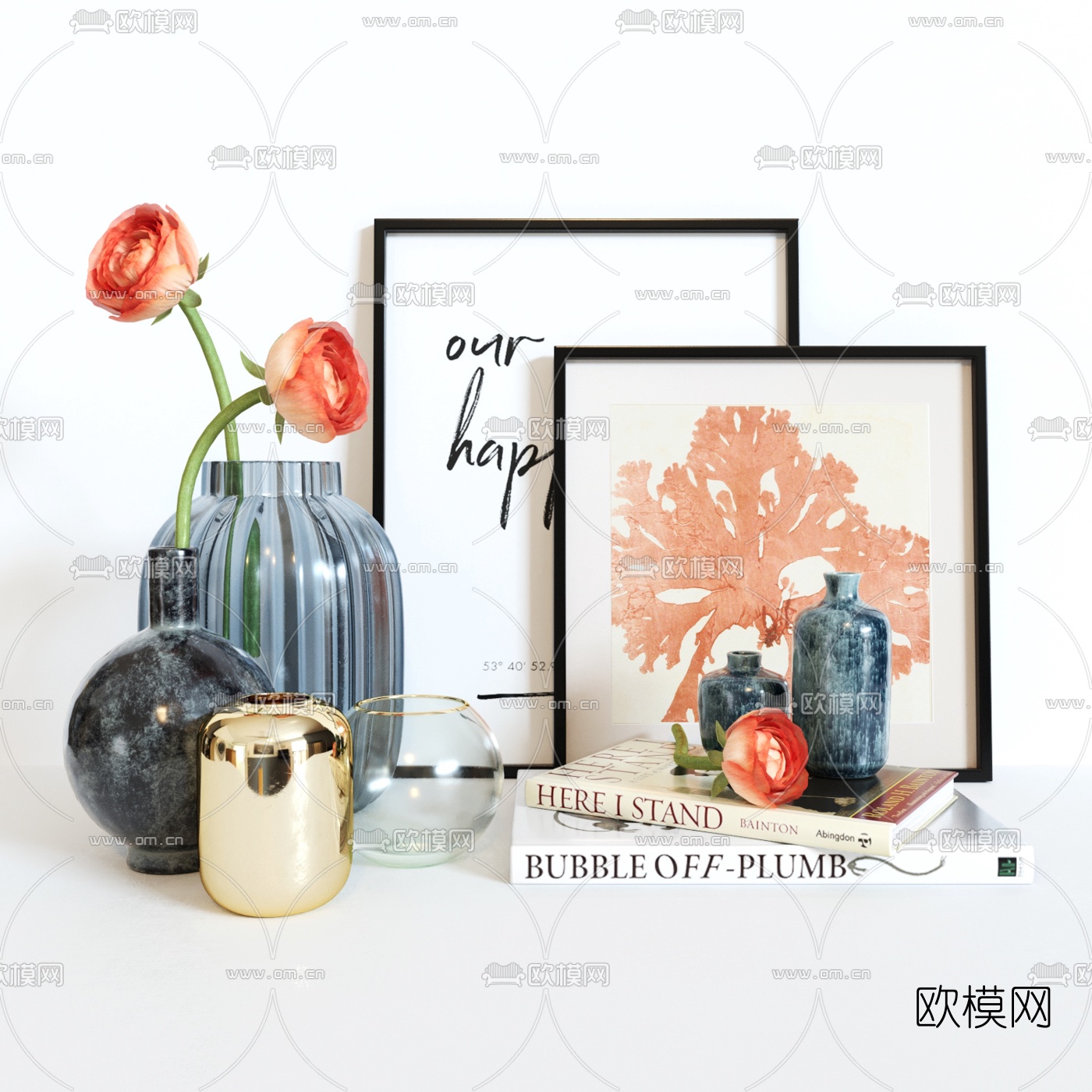 现代花瓶书籍摆件3d模型下载（渲染图1）