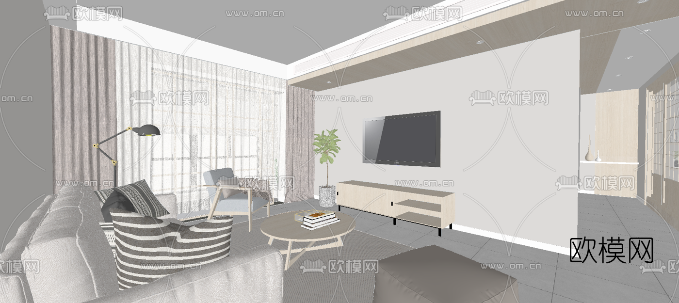 北欧客厅餐厅su模型下载（渲染图1）