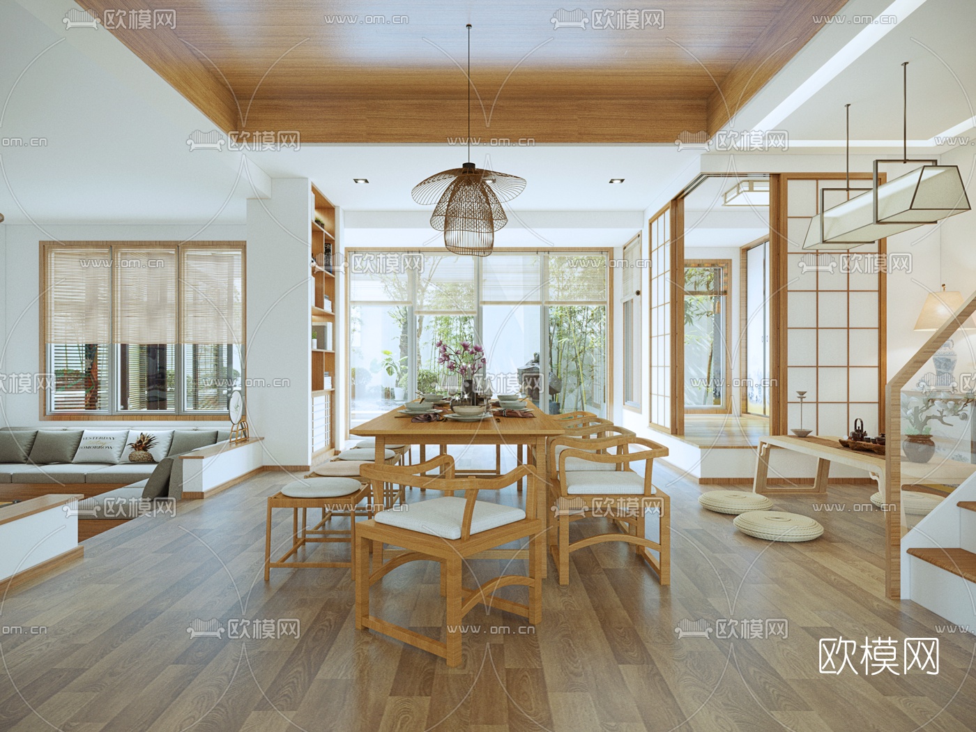 日式客厅餐厅3d模型下载（渲染图4）