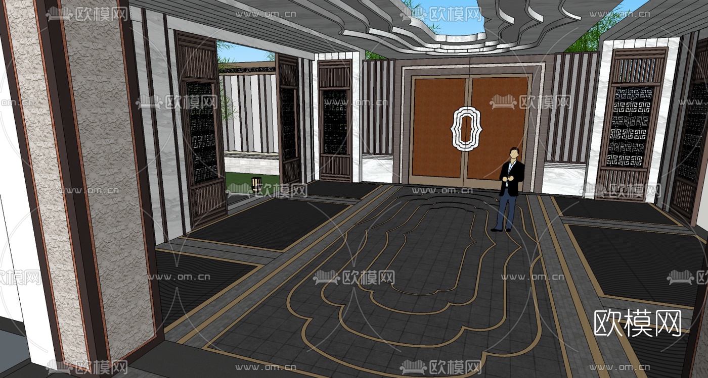 新中式庭院景观su模型下载（渲染图3）