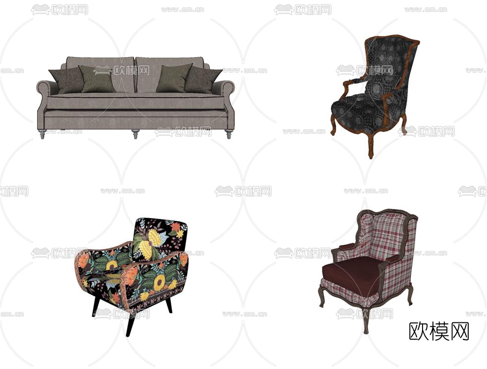 欧式布艺单人沙发su模型下载