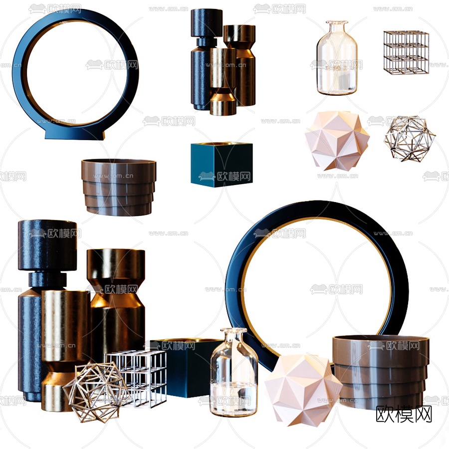现代金属器皿组合3d模型下载（渲染图1）