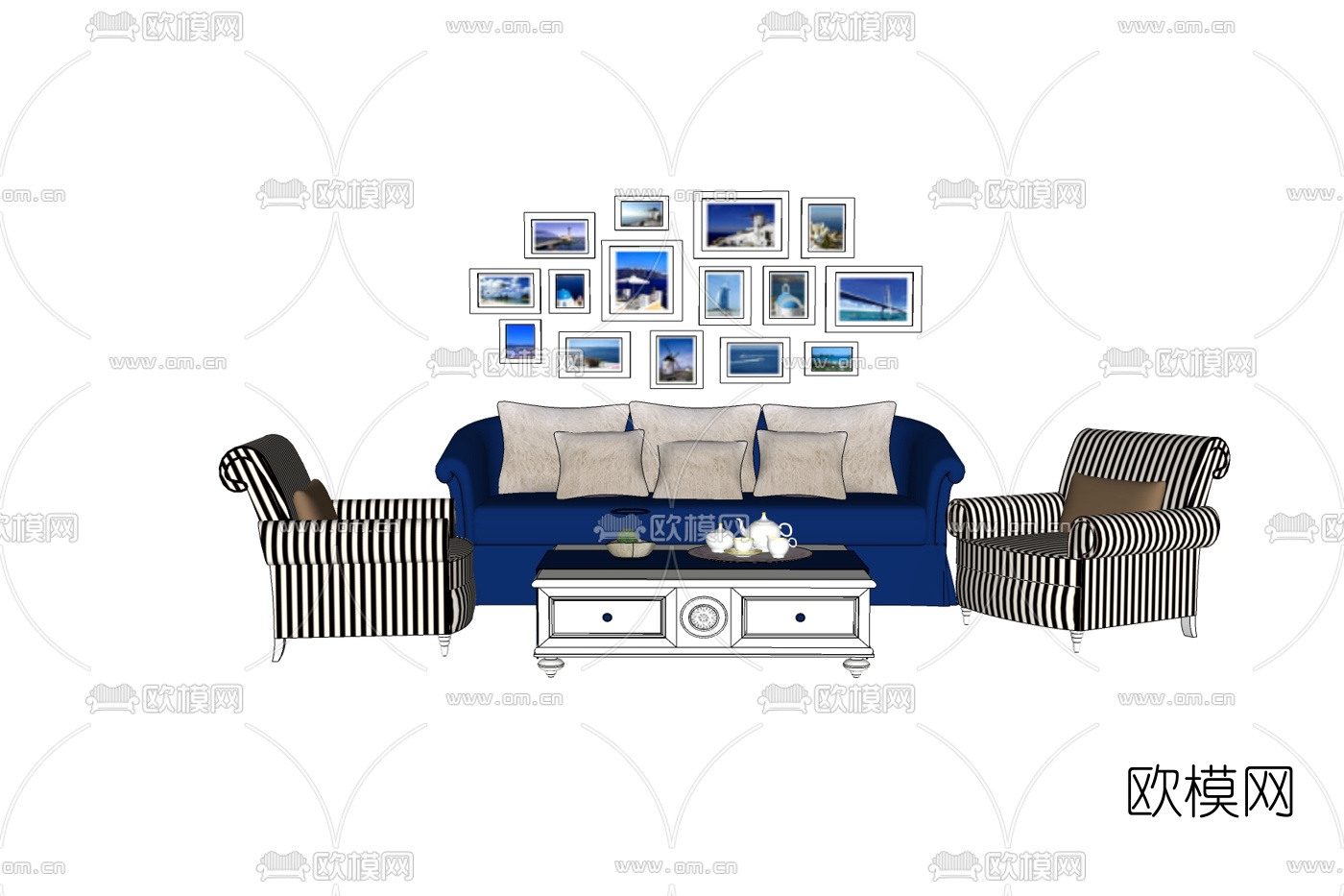 现代布艺组合沙发免费su模型下载