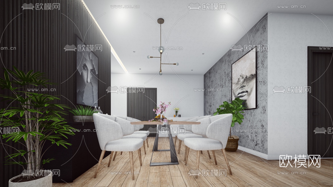 北欧客厅餐厅su模型下载（渲染图3）