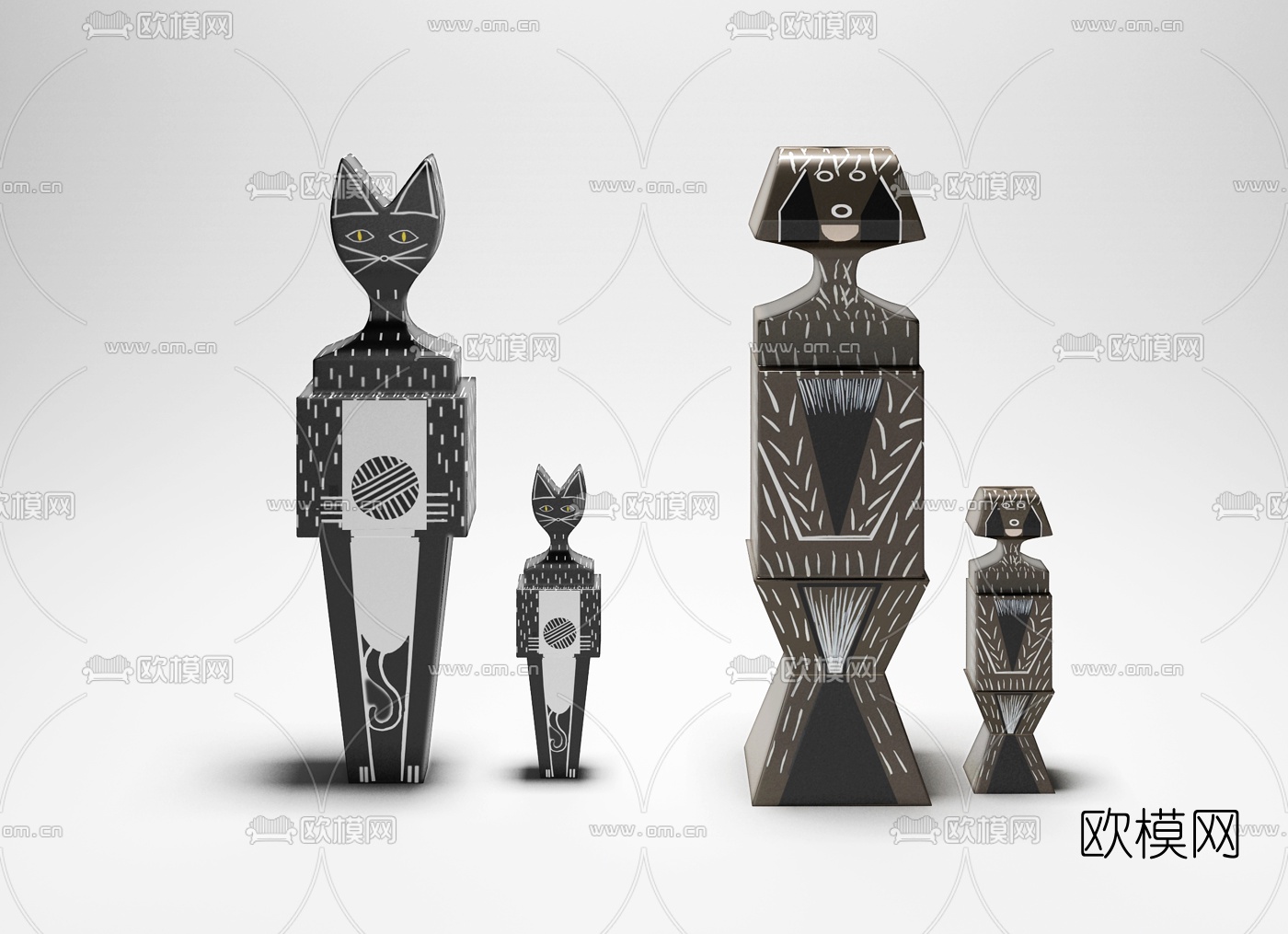 瑞士vitra品牌 现代实木涂鸦猫与鱼摆件3d模型下载