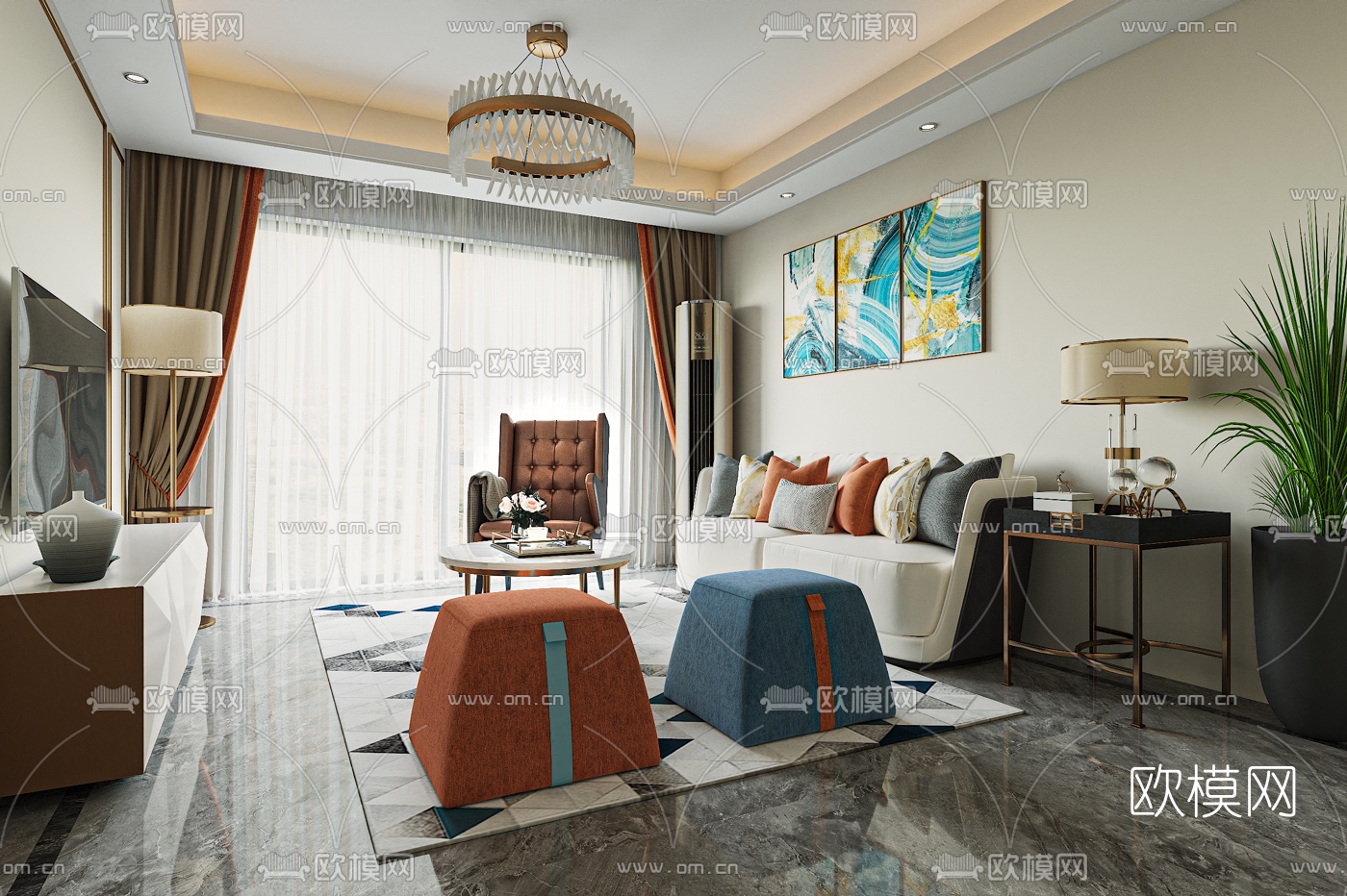 后现代简约客厅3d模型下载（渲染图2）