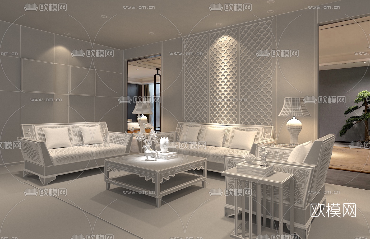 江河摄影 新中式实木沙发组合3d模型