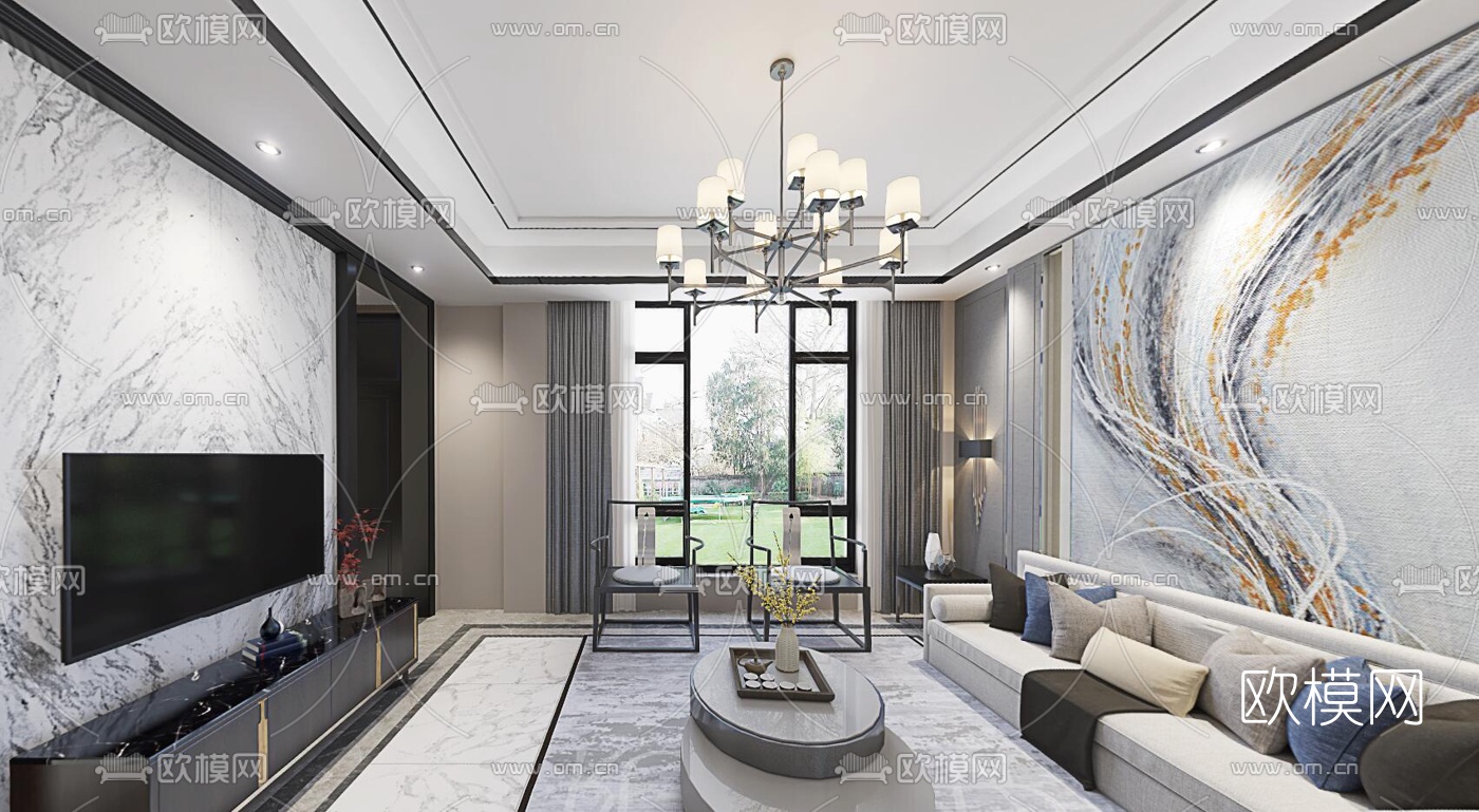 新中式别墅客厅餐厅vr全景3d模型