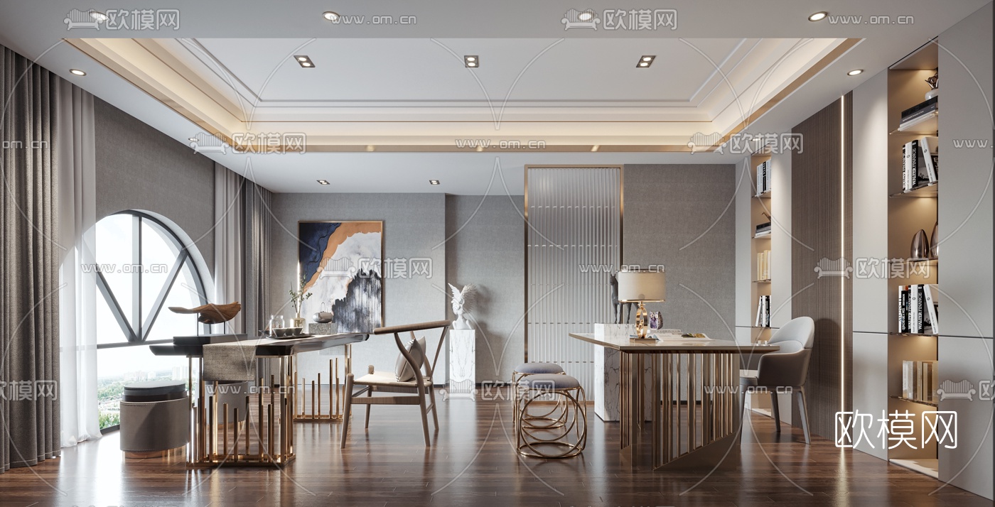 现代轻奢书房茶室3d模型下载