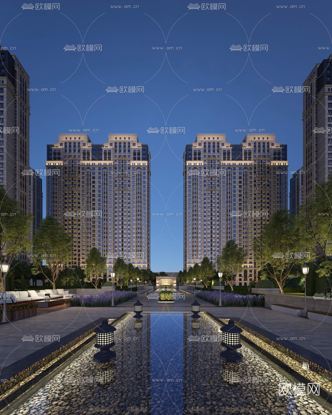 现代住宅小区建筑外观夜景3d模型-免费3dmax模型库-欧模网