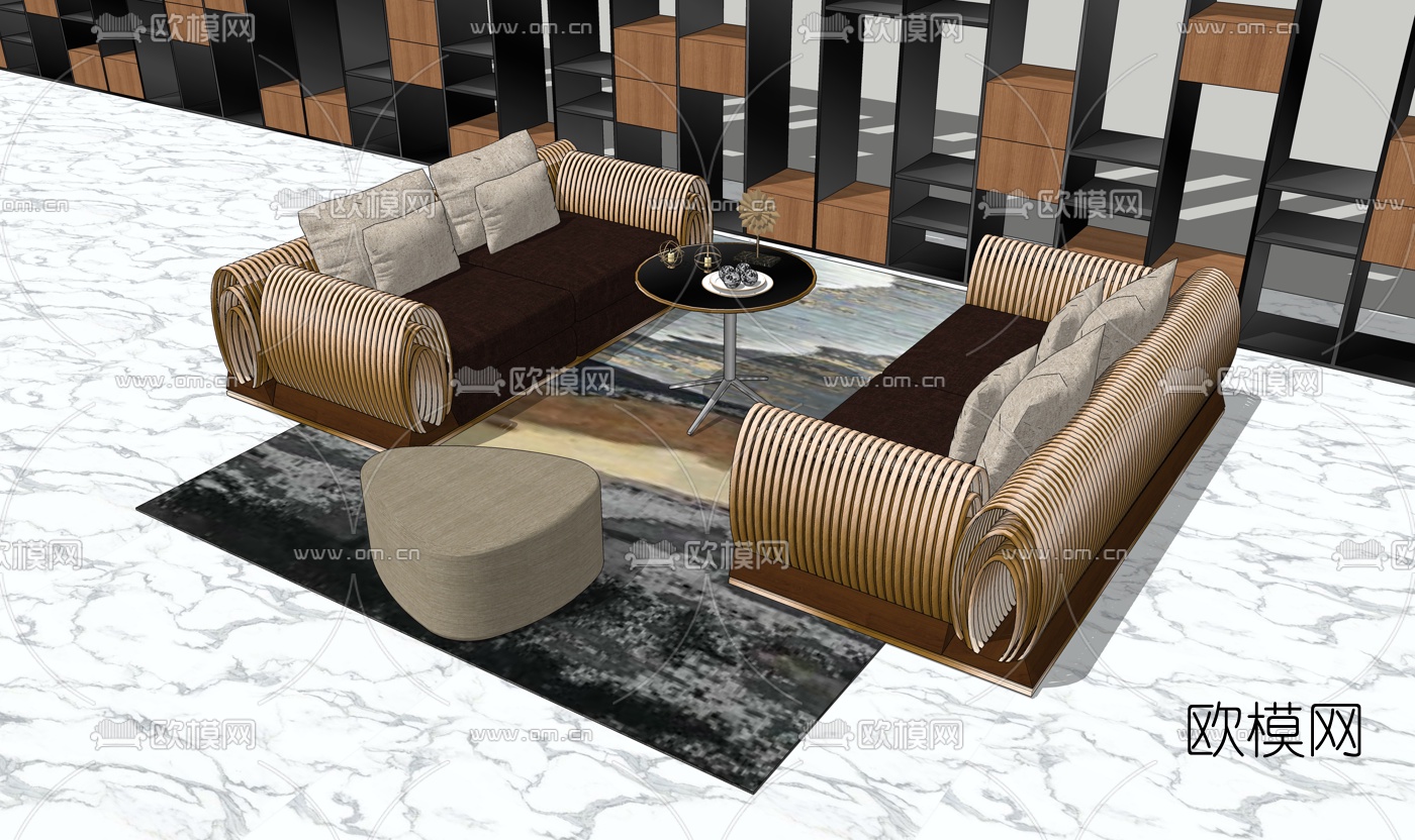 现代布艺组合沙发su模型下载（渲染图1）