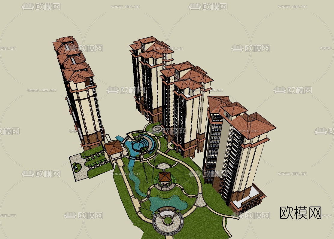 欧式高层住宅鸟瞰规划免费su模型下载