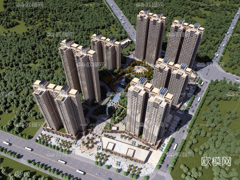 现代高层住宅楼鸟瞰3d模型下载