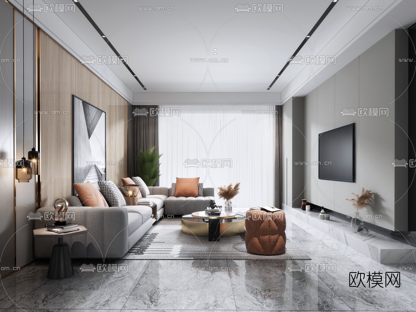 现代简约客厅3d模型下载（渲染图1）
